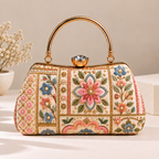 Multicolor Floral Embroidered Frame Clutch Bag with Gold Handle for Women