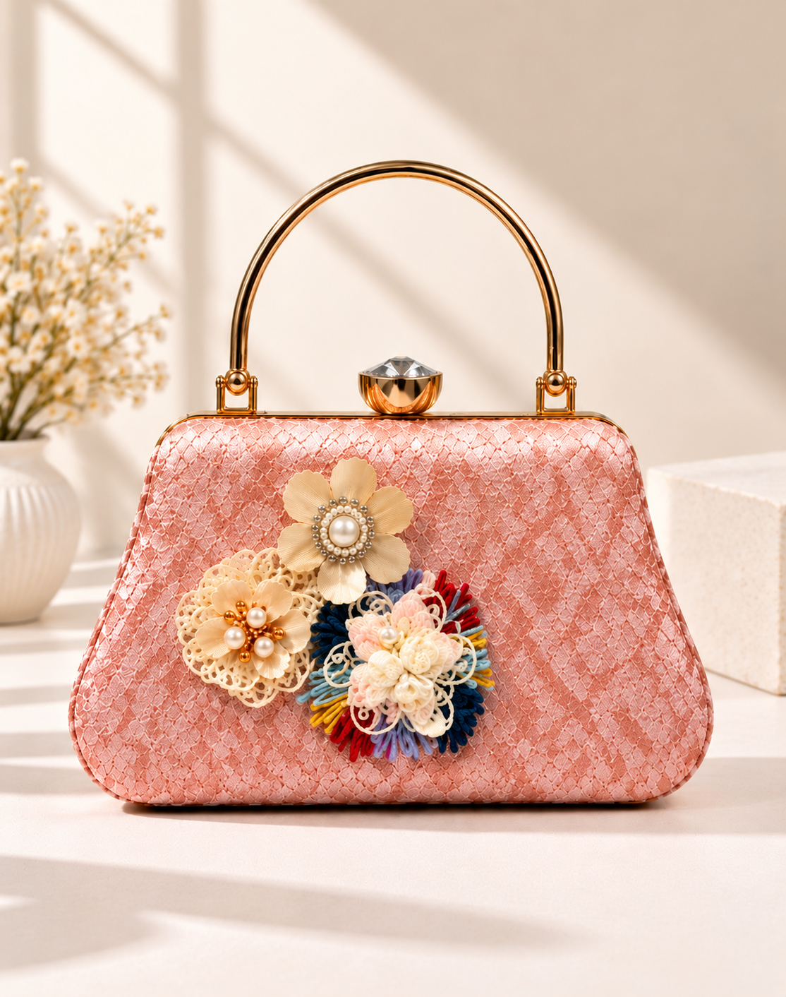Floral Embellished Textured Frame Clutch Bag with Gold Handle for Women