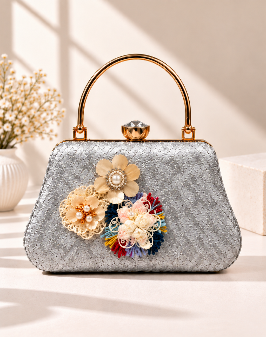 Floral Embellished Textured Frame Clutch Bag with Gold Handle for Women