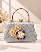 Floral Embellished Textured Frame Clutch Bag with Gold Handle for Women
