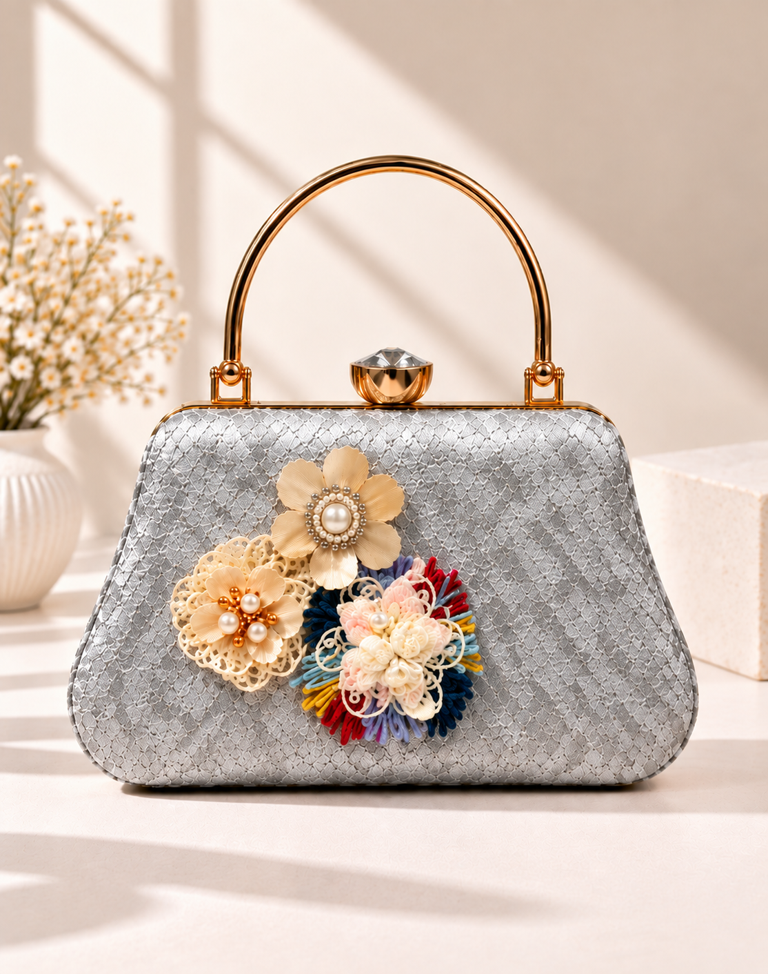 Floral Embellished Textured Frame Clutch Bag with Gold Handle for Women