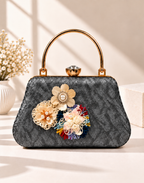 Floral Embellished Textured Frame Clutch Bag with Gold Handle for Women