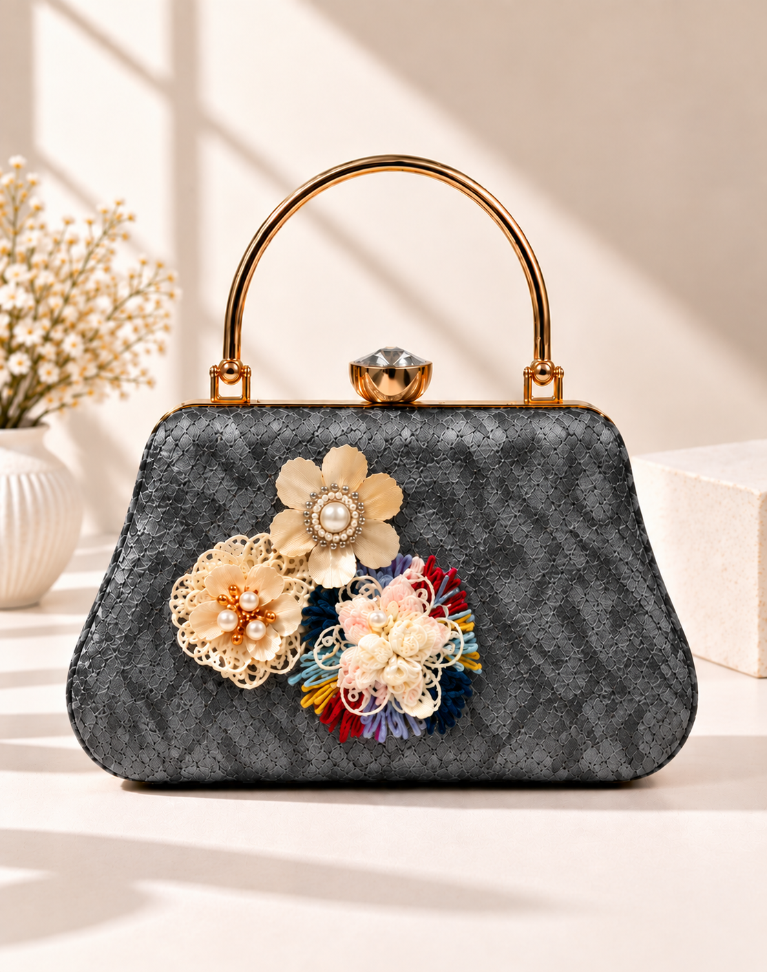 Floral Embellished Textured Frame Clutch Bag with Gold Handle for Women