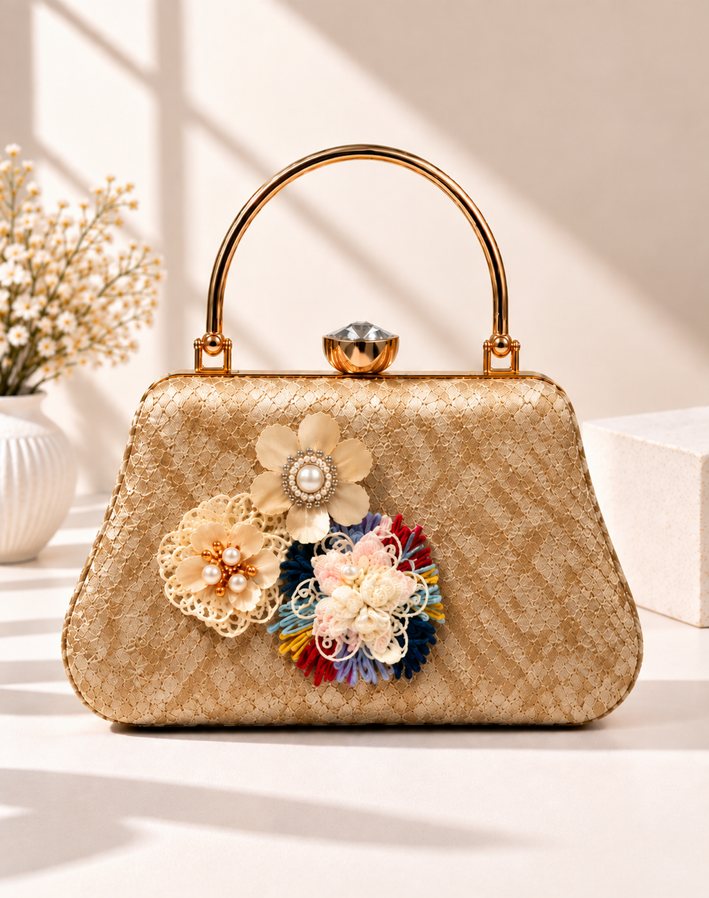 Floral Embellished Textured Frame Clutch Bag with Gold Handle for Women