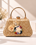 Floral Embellished Textured Frame Clutch Bag with Gold Handle for Women