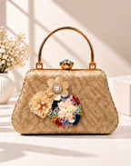 Floral Embellished Textured Frame Clutch Bag with Gold Handle for Women