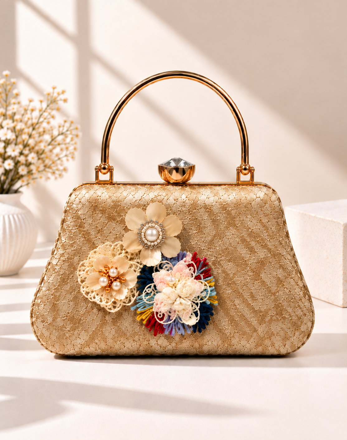 Floral Embellished Textured Frame Clutch Bag with Gold Handle for Women