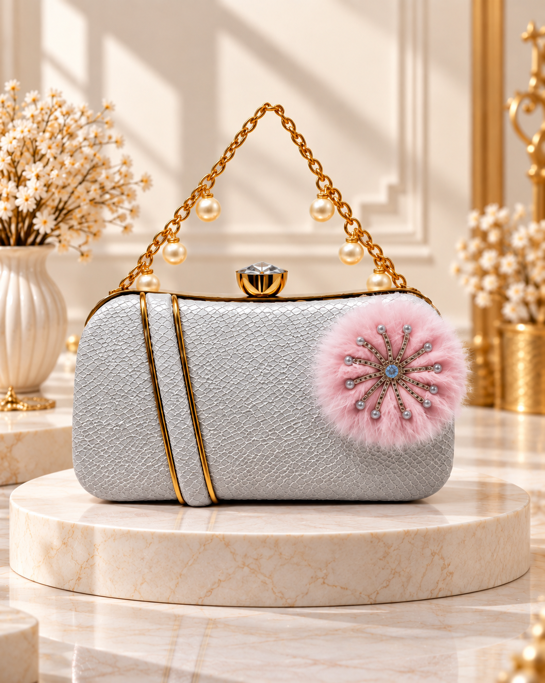 Pearl Handle Embellished Textured Clutch Bag for Women