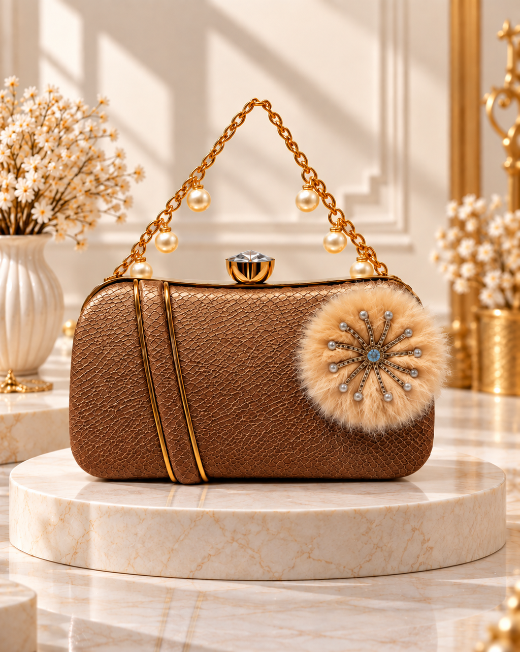 Pearl Handle Embellished Textured Clutch Bag for Women
