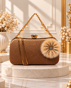 Pearl Handle Embellished Textured Clutch Bag for Women