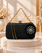 Pearl Handle Embellished Textured Clutch Bag for Women