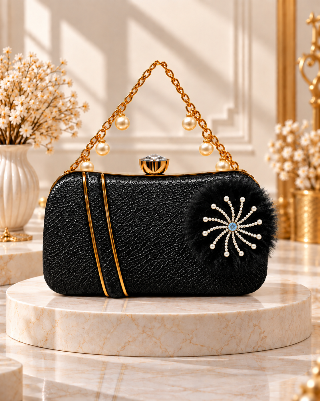 Pearl Handle Embellished Textured Clutch Bag for Women