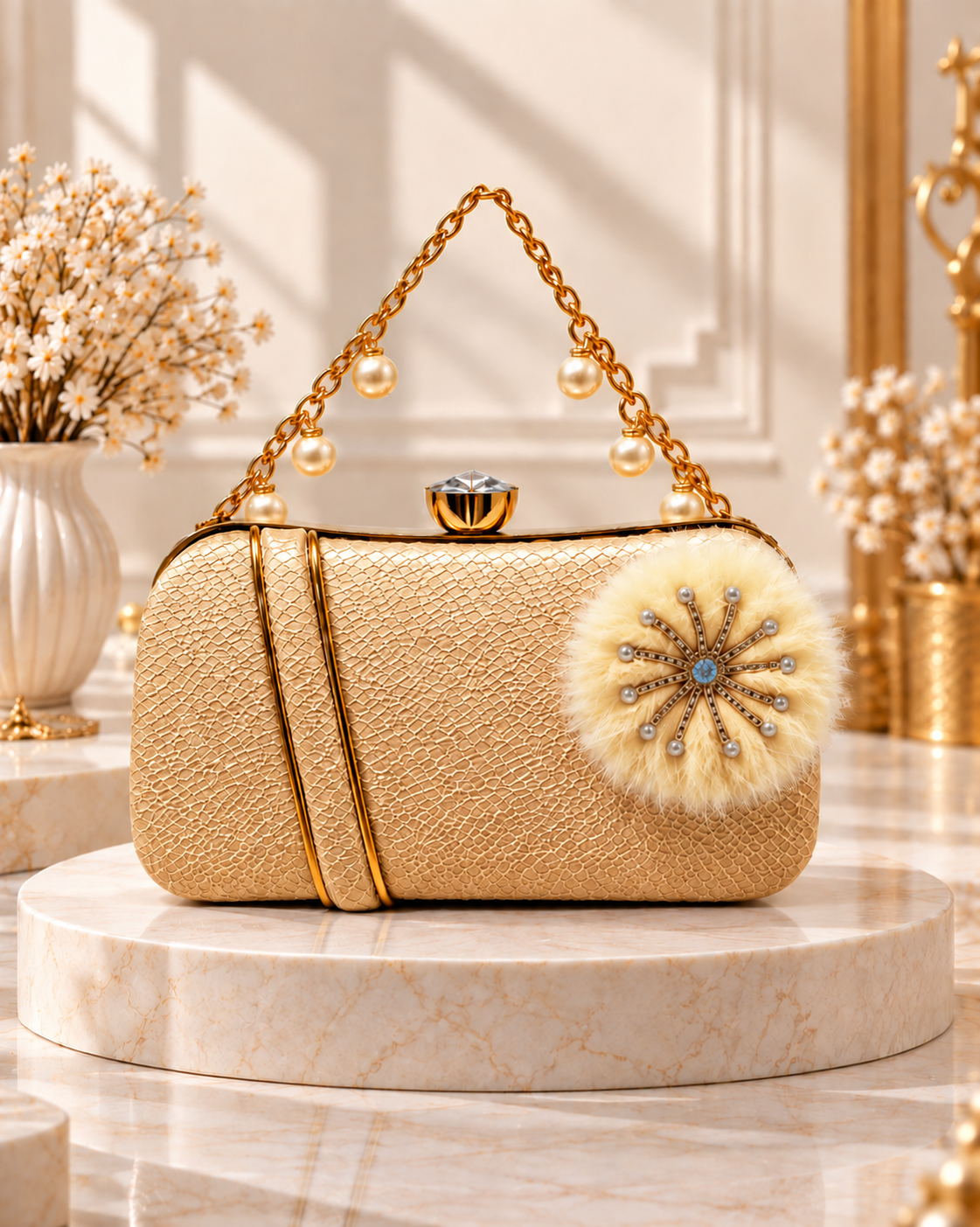 Pearl Handle Embellished Textured Clutch Bag for Women