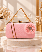 Pearl Handle Embellished Textured Clutch Bag for Women