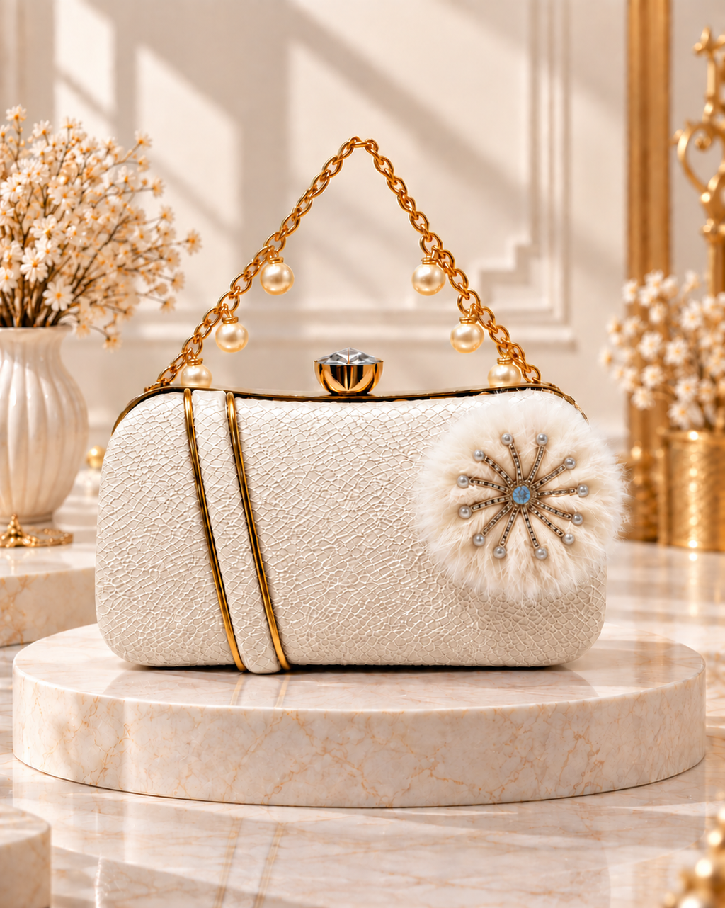 Pearl Handle Embellished Textured Clutch Bag for Women
