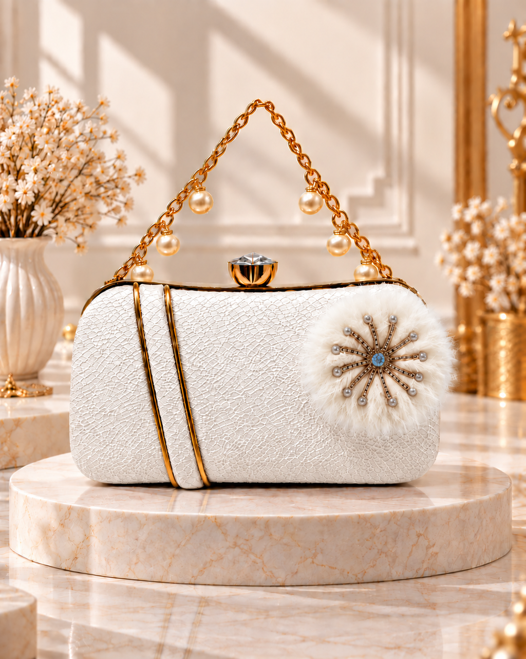 Pearl Handle Embellished Textured Clutch Bag for Women