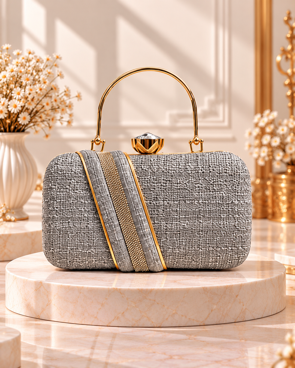 Textured Structured Handbag for Women with Gold-Tone Handle & Embellished Strap