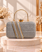 Textured Structured Handbag for Women with Gold-Tone Handle & Embellished Strap