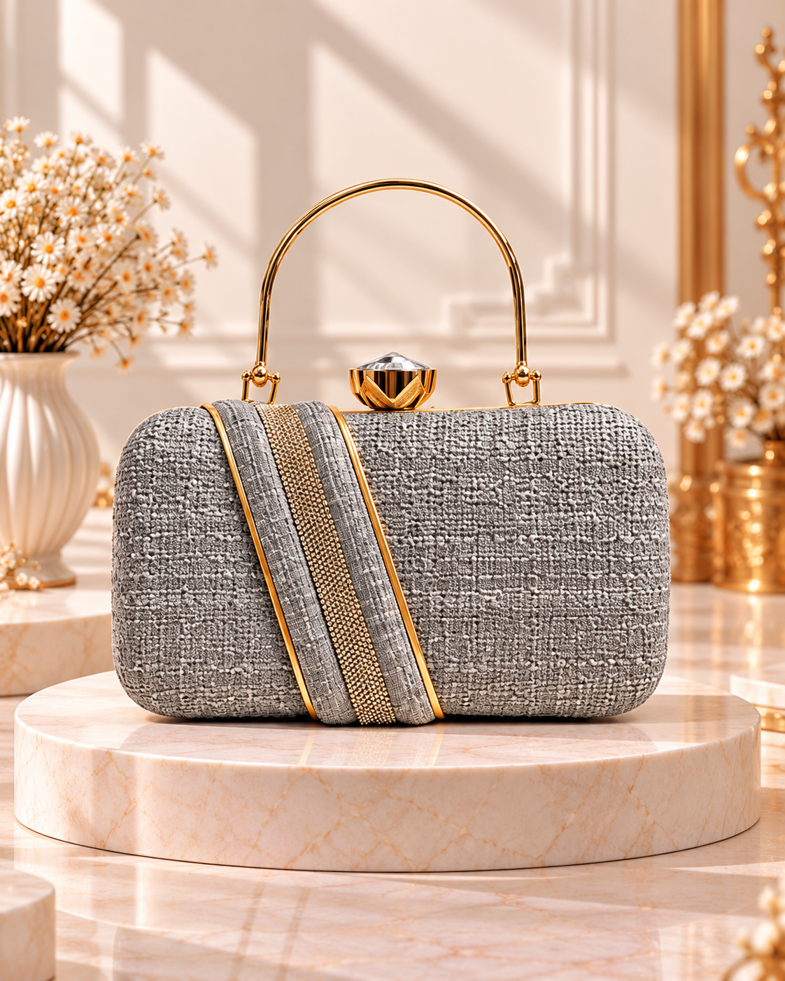 Textured Structured Handbag for Women with Gold-Tone Handle & Embellished Strap