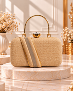 Textured Structured Handbag for Women with Gold-Tone Handle & Embellished Strap