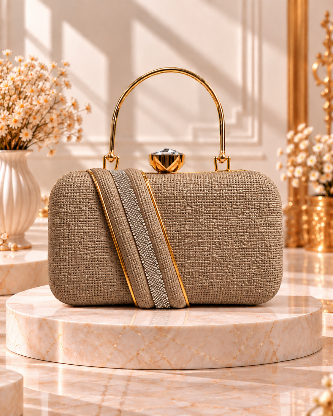 Textured Structured Handbag for Women with Gold-Tone Handle & Embellished Strap