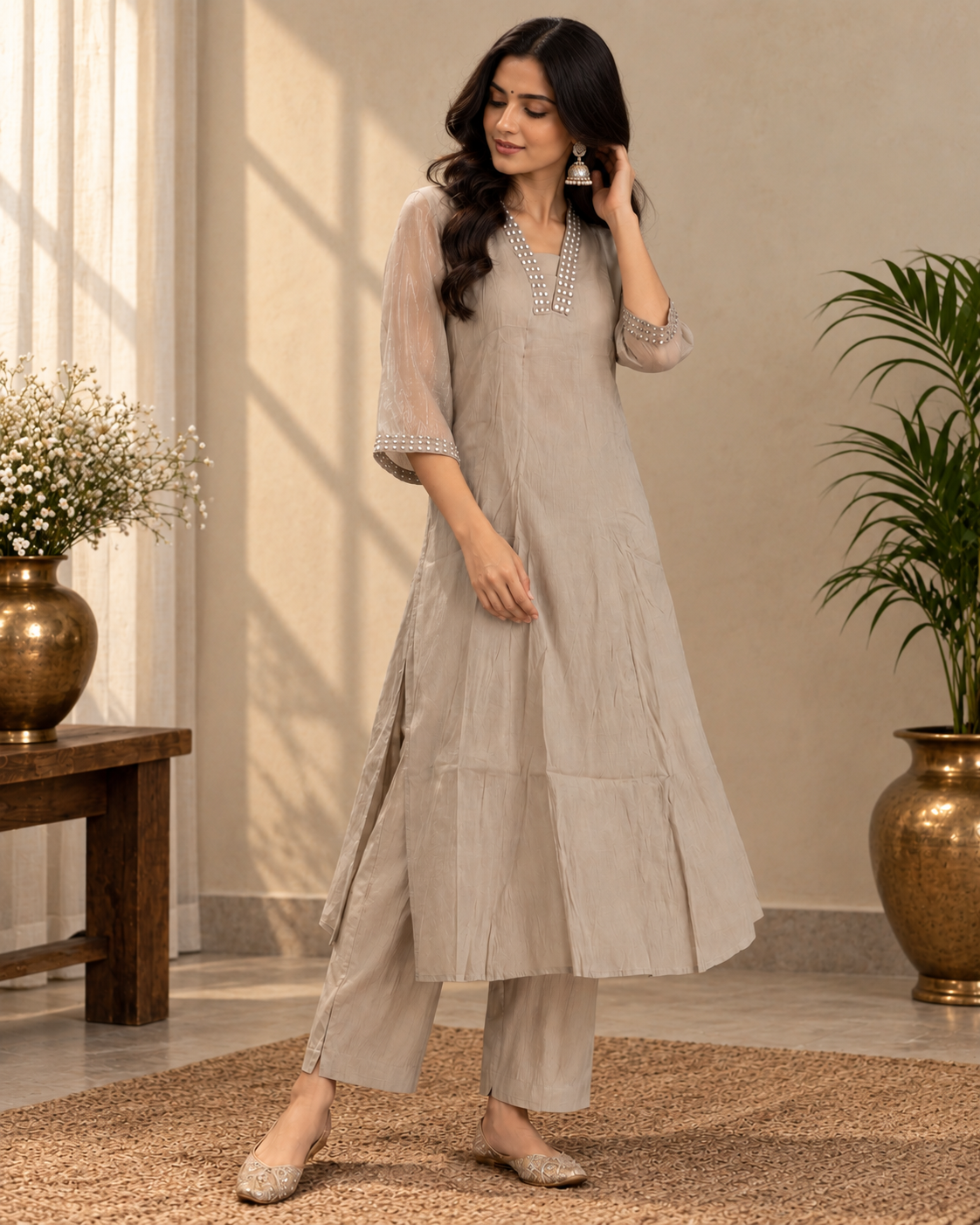 Beige embellished kurta with matching straight-fit pants