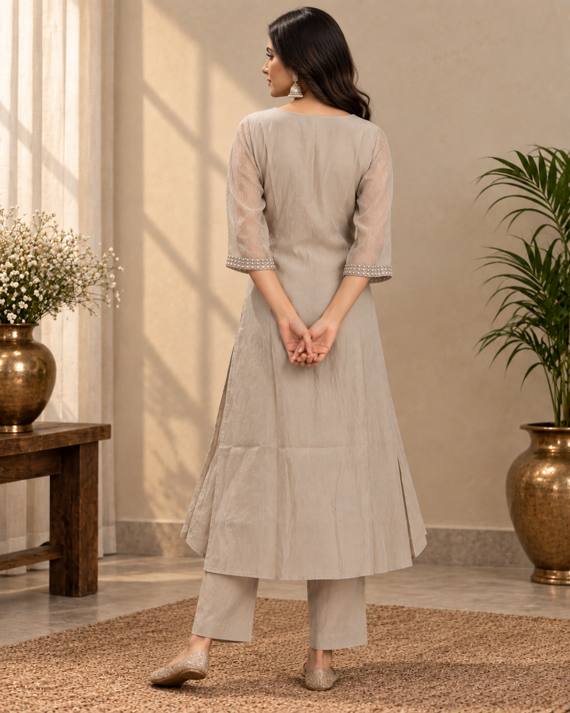 Beige kurta with embellished neckline and sheer 3/4 sleeves
