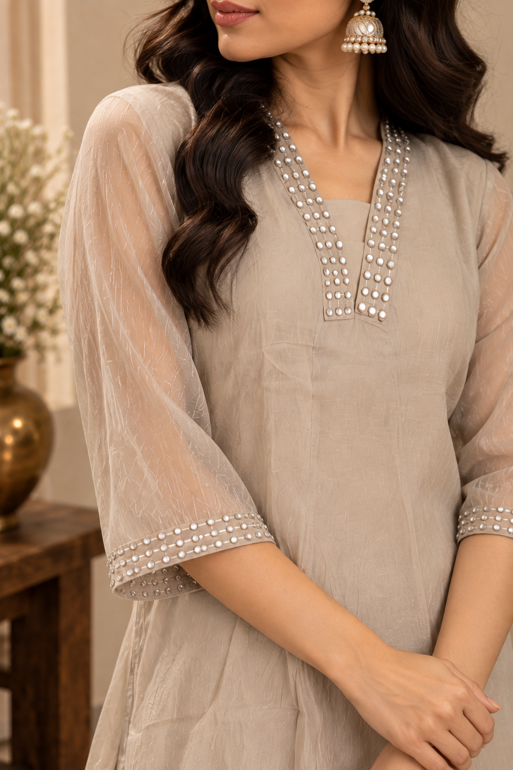 Beige ethnic kurta pant set with decorative neckline detailing
