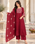 Maroon embroidered 3-piece suit set with cream geometric neckline