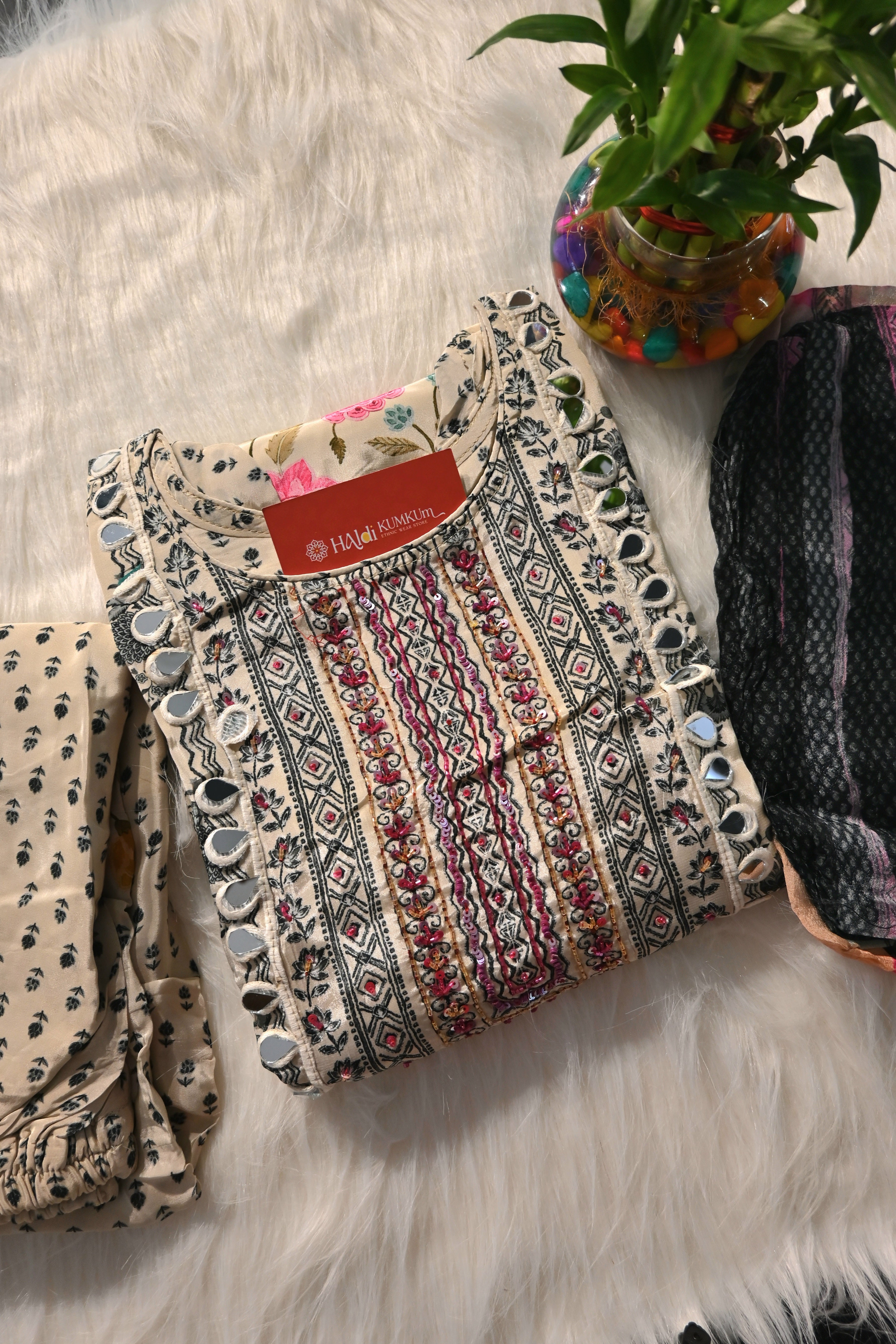 Cream Floral Printed Kurta Palazzo Set with Dupatta for Women
