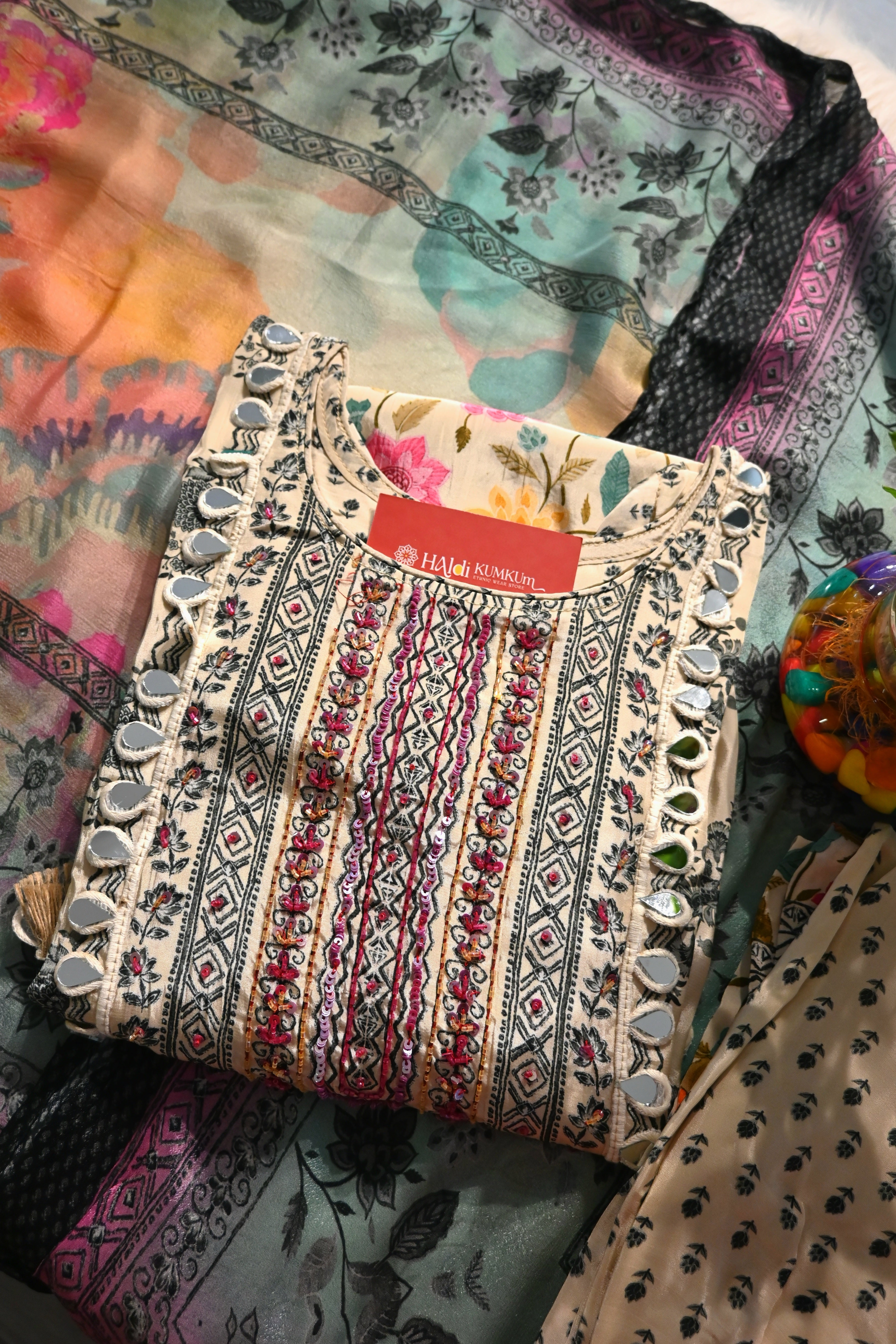 Cream Floral Printed Kurta Palazzo Set with Dupatta for Women