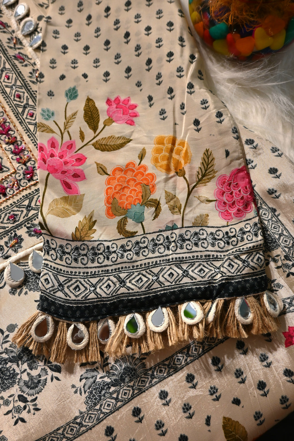 Cream Floral Printed Kurta Palazzo Set with Dupatta for Women