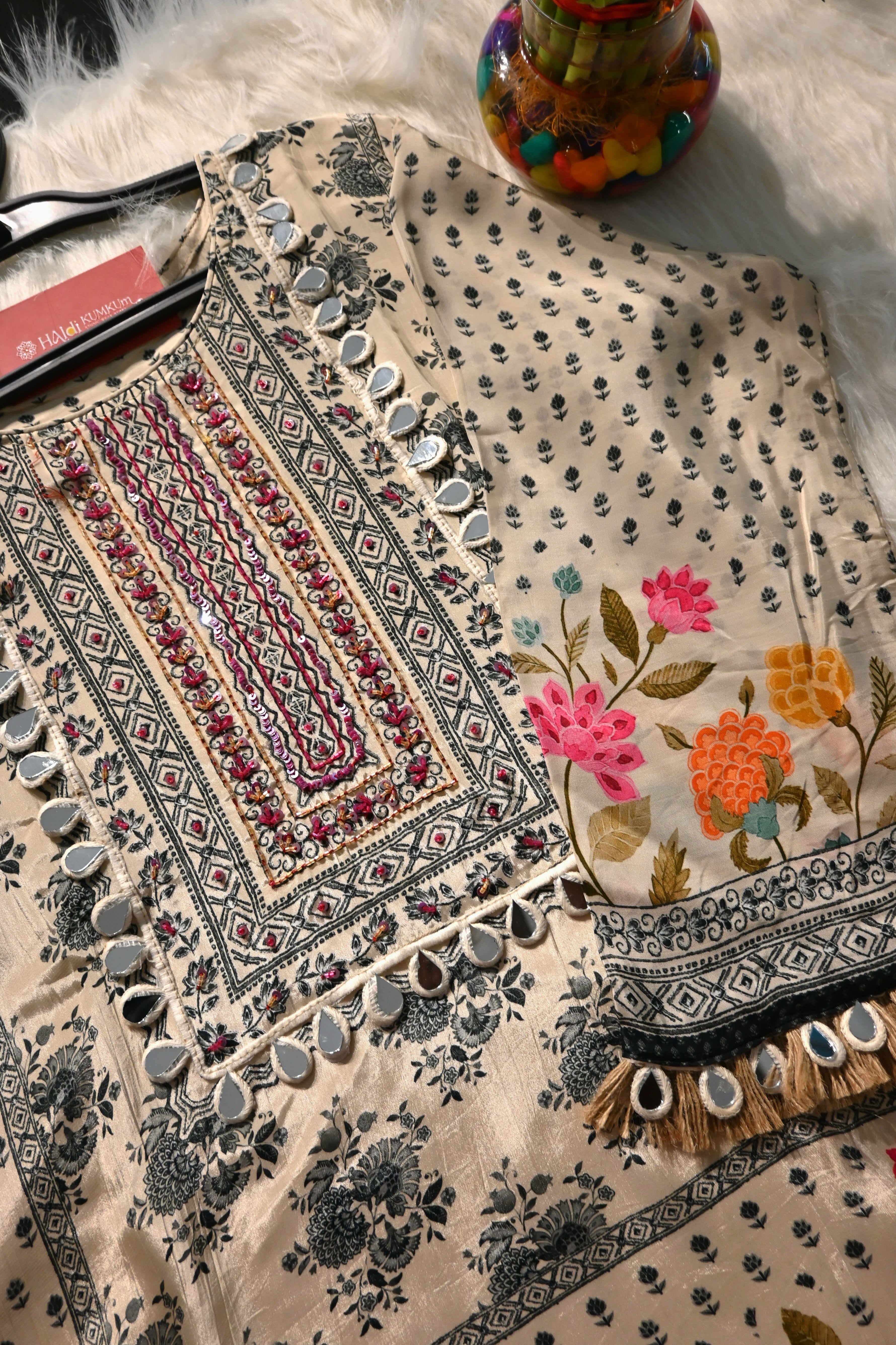Cream Floral Printed Kurta Palazzo Set with Dupatta for Women