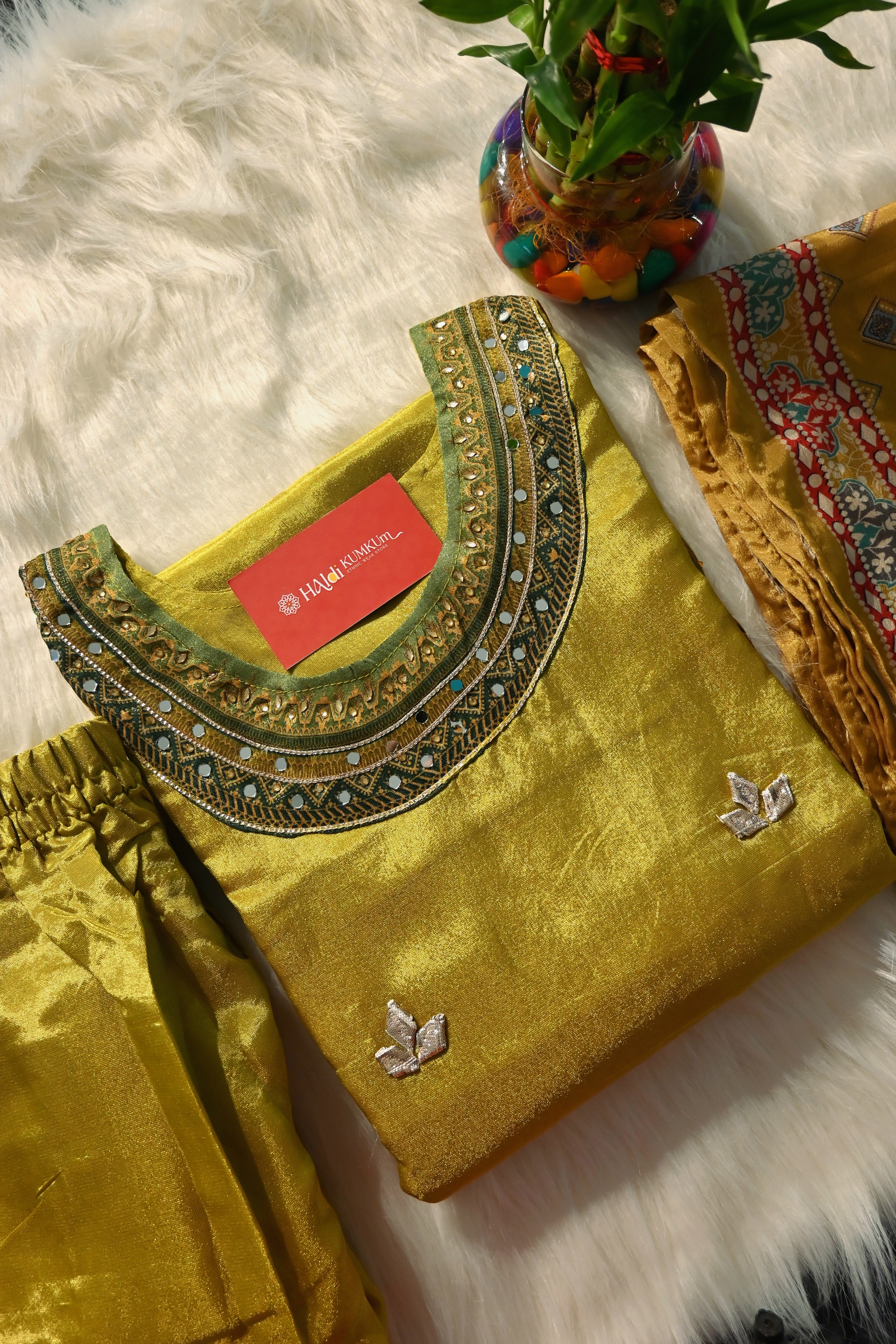Mustard Embroidered Kurta Set with Printed Dupatta for Women