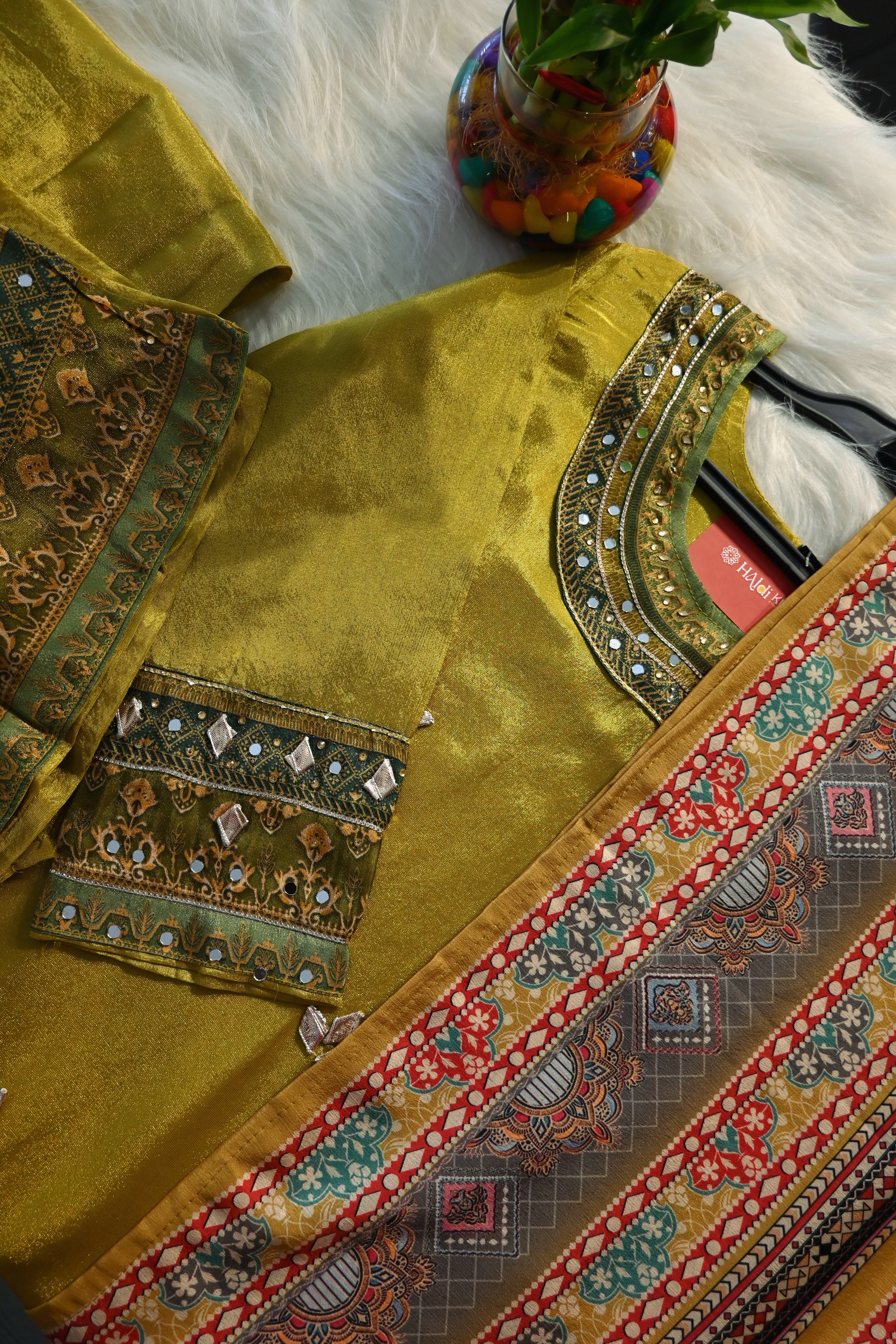 Mustard Embroidered Kurta Set with Printed Dupatta for Women