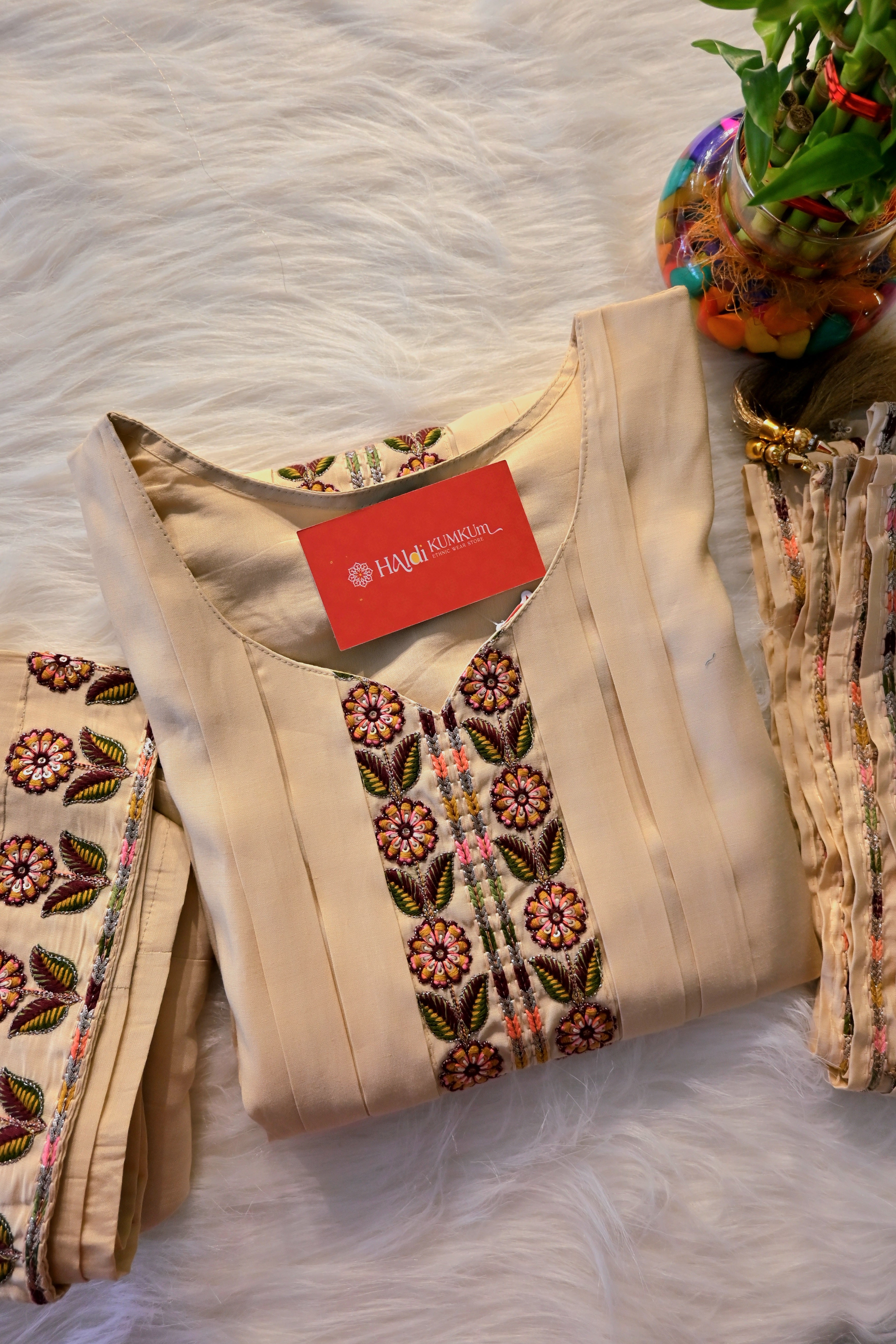 Beige Embroidered Kurta Palazzo Set with Dupatta for Women