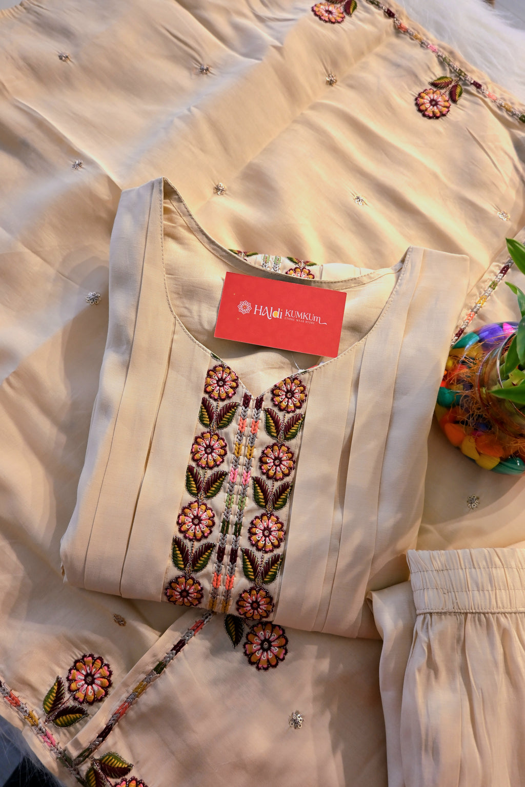 Beige Embroidered Kurta Palazzo Set with Dupatta for Women