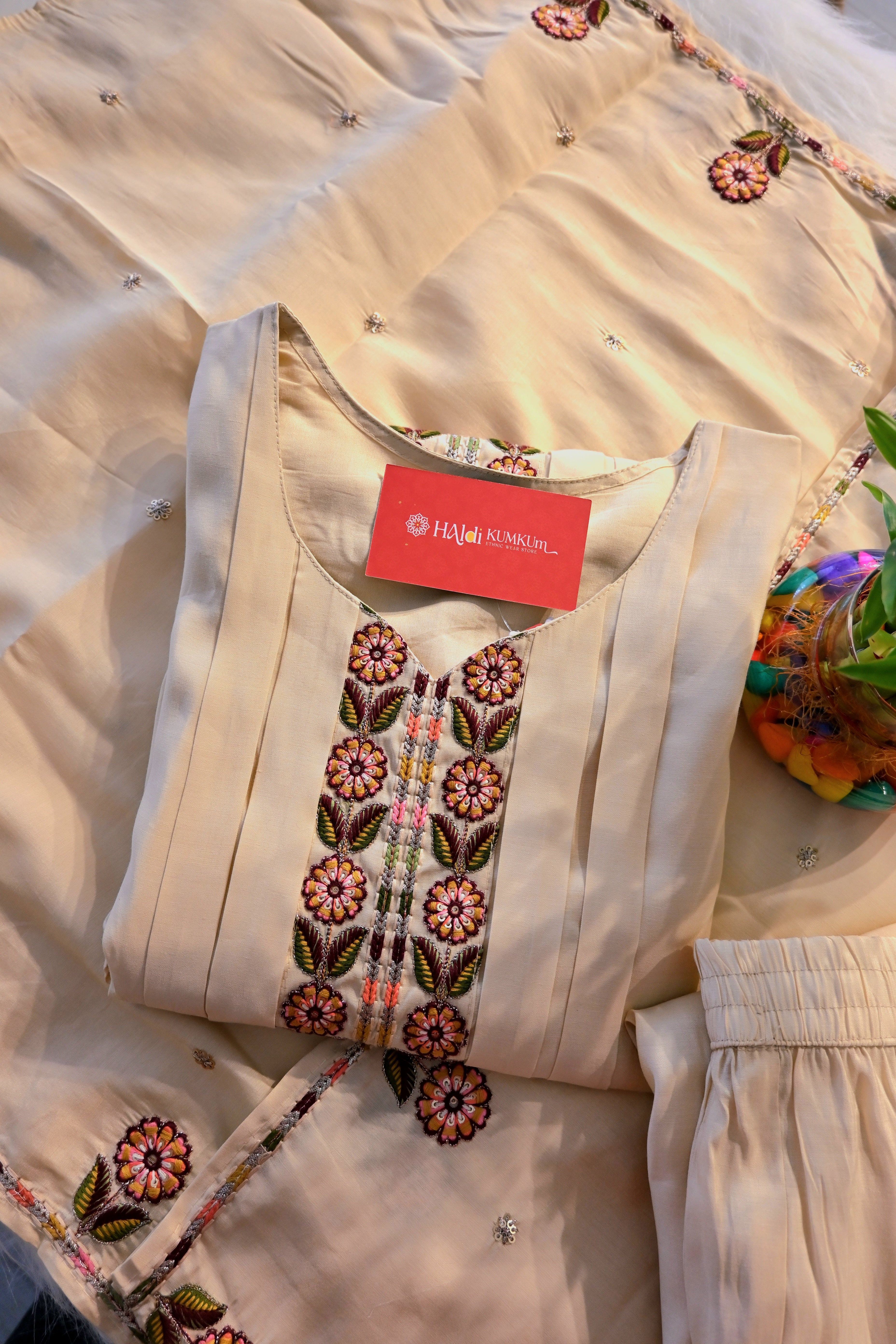 Beige Embroidered Kurta Palazzo Set with Dupatta for Women