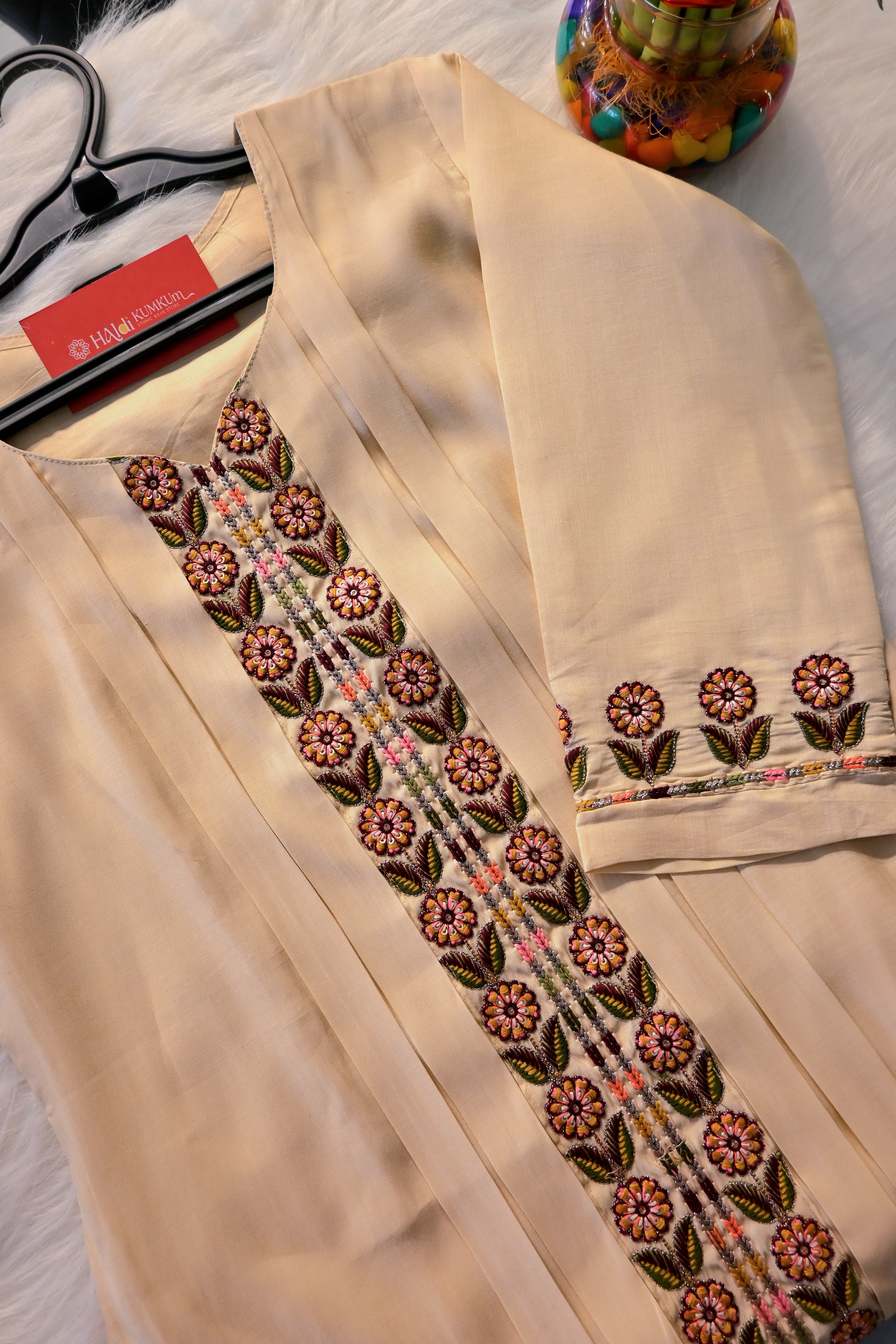 Beige Embroidered Kurta Palazzo Set with Dupatta for Women