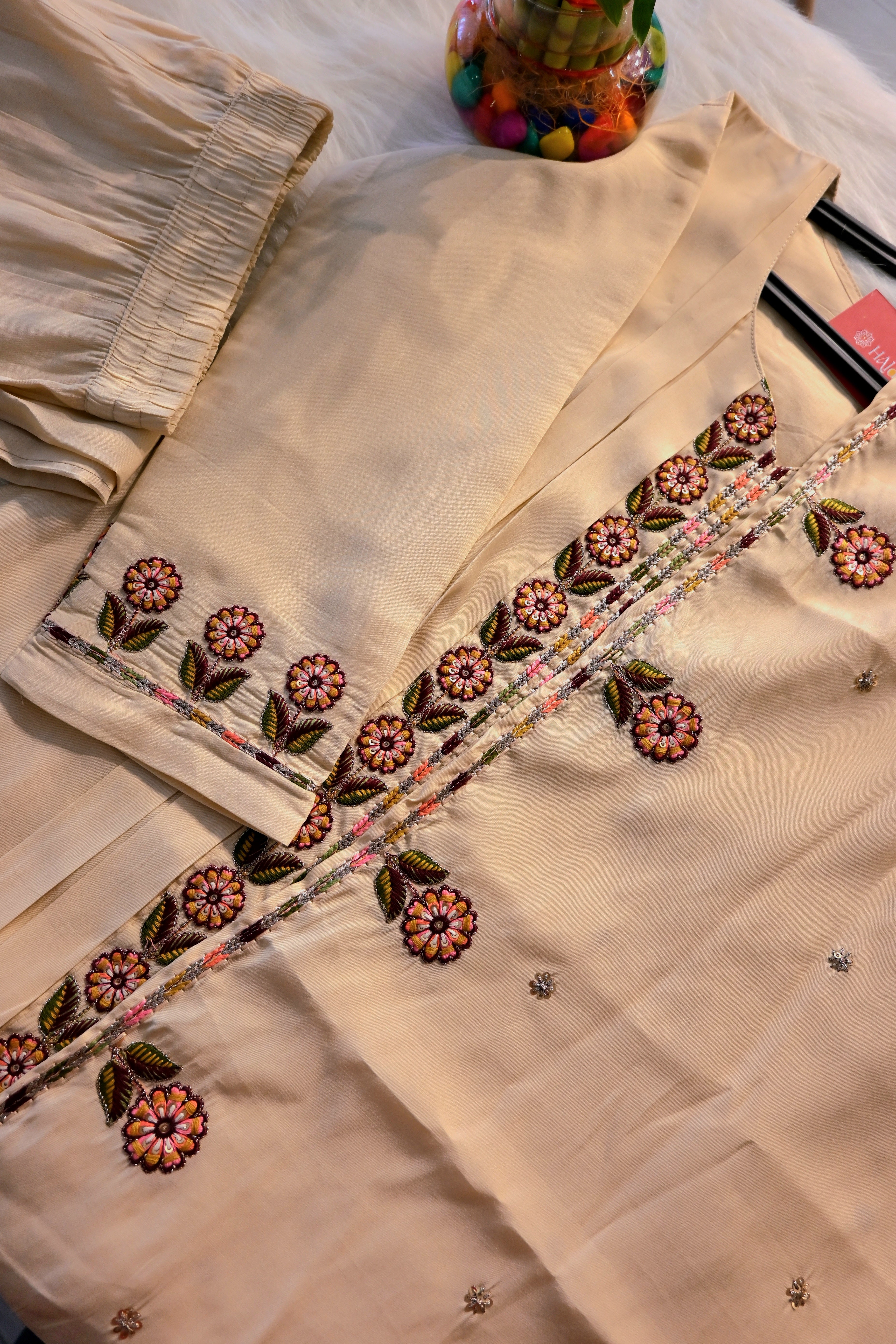 Beige Embroidered Kurta Palazzo Set with Dupatta for Women