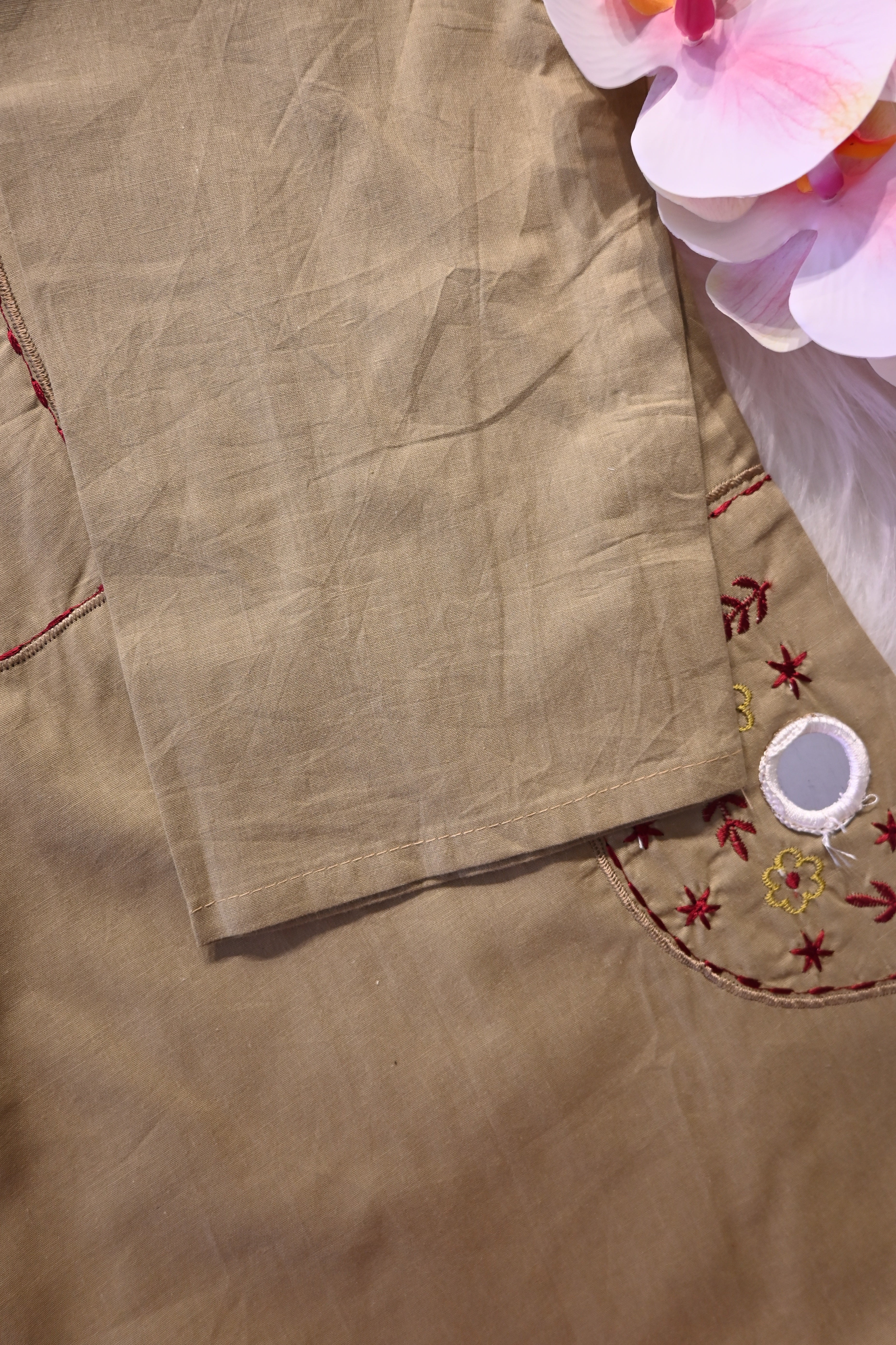 Light Olive Cotton Co-Ord Set for Women | Embroidered Kurta Pant Set