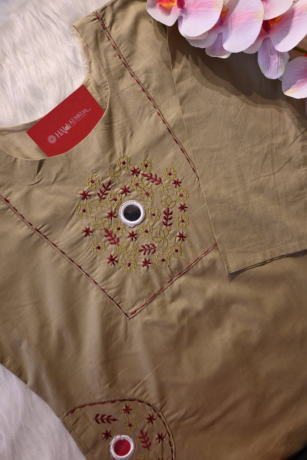 Light Olive Cotton Co-Ord Set for Women | Embroidered Kurta Pant Set