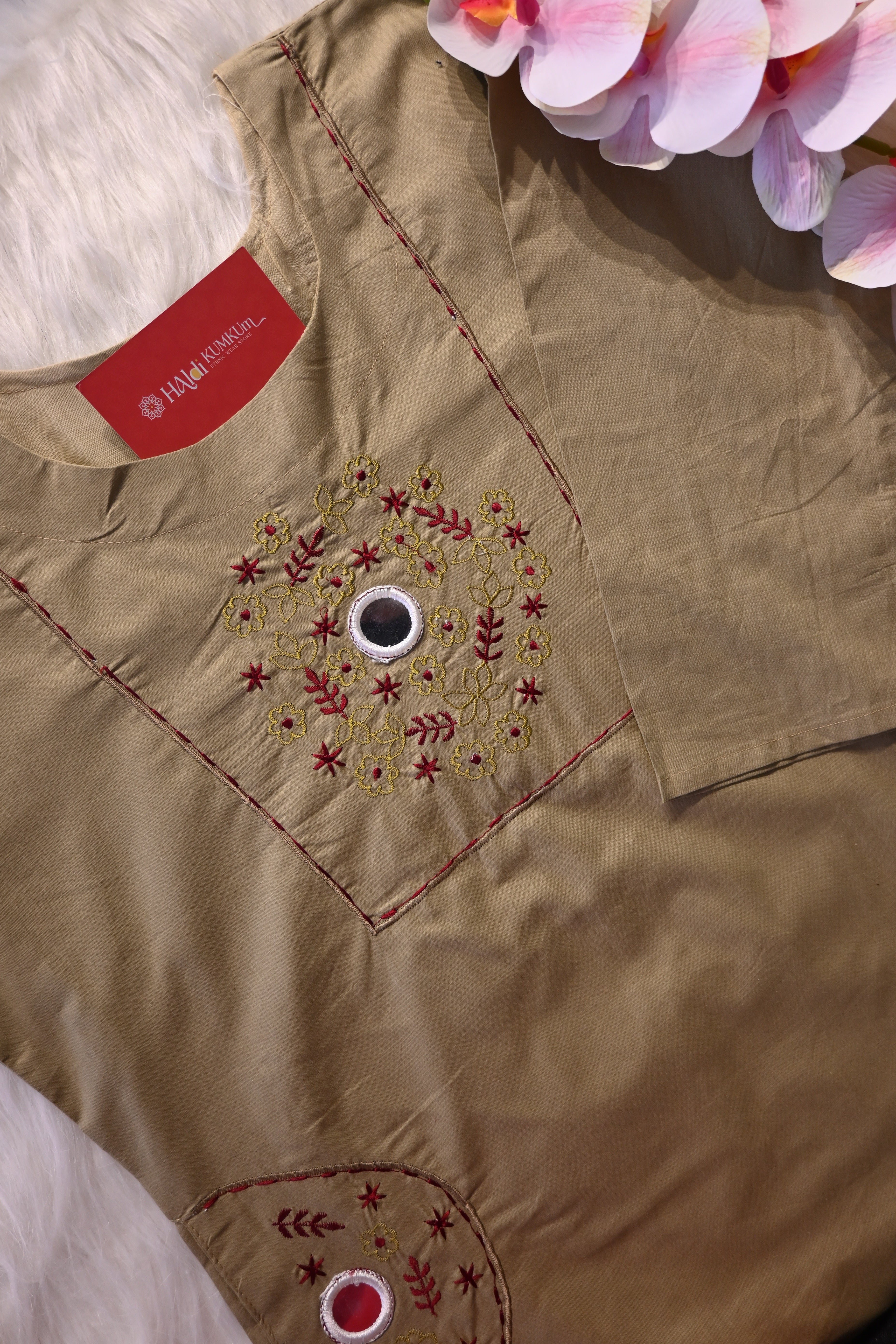 Light Olive Cotton Co-Ord Set for Women | Embroidered Kurta Pant Set