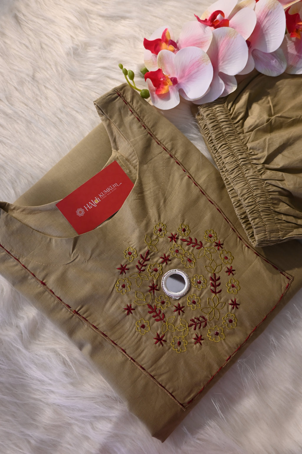 Light Olive Cotton Co-Ord Set for Women | Embroidered Kurta Pant Set