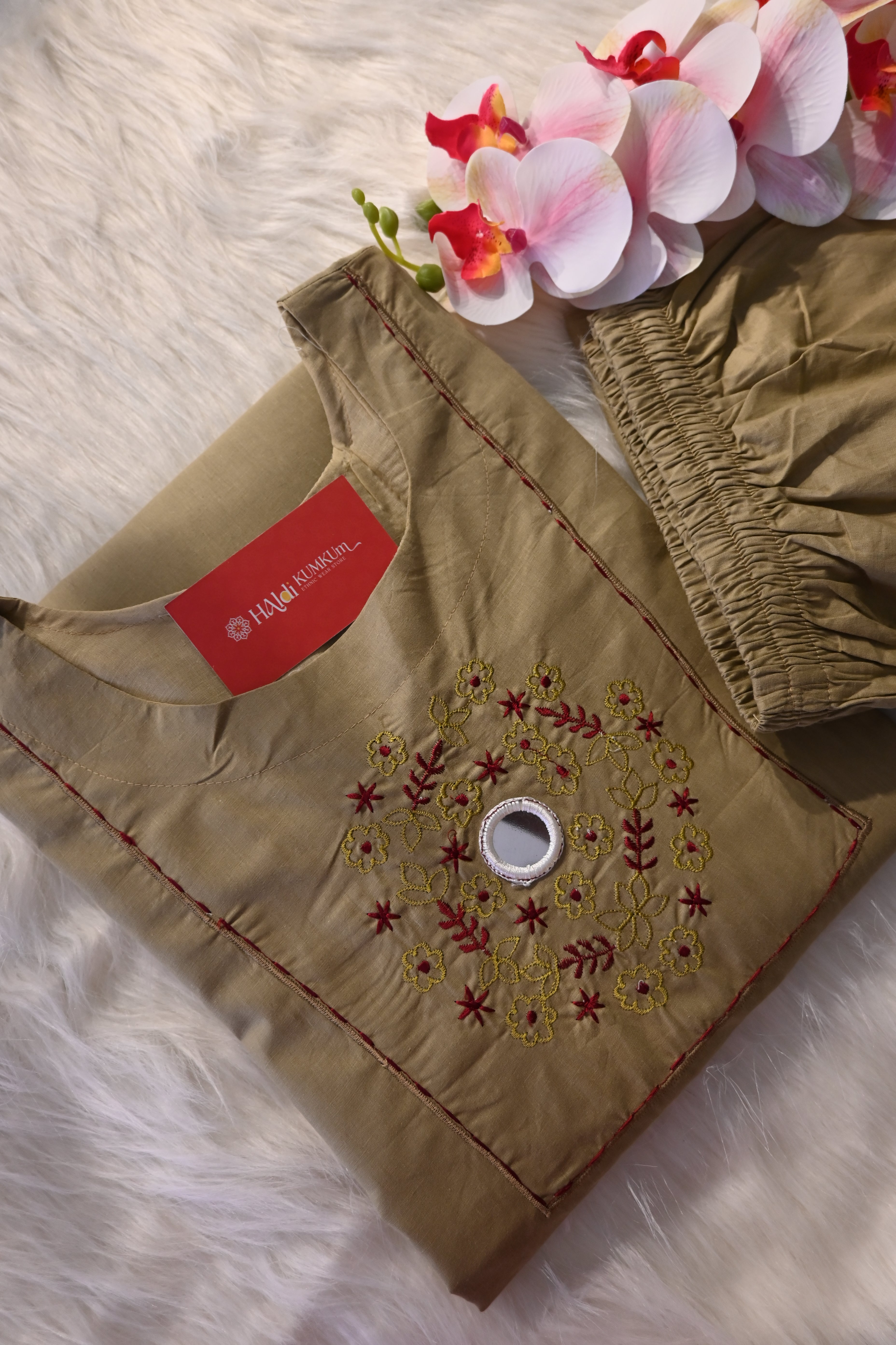 Light Olive Cotton Co-Ord Set for Women | Embroidered Kurta Pant Set