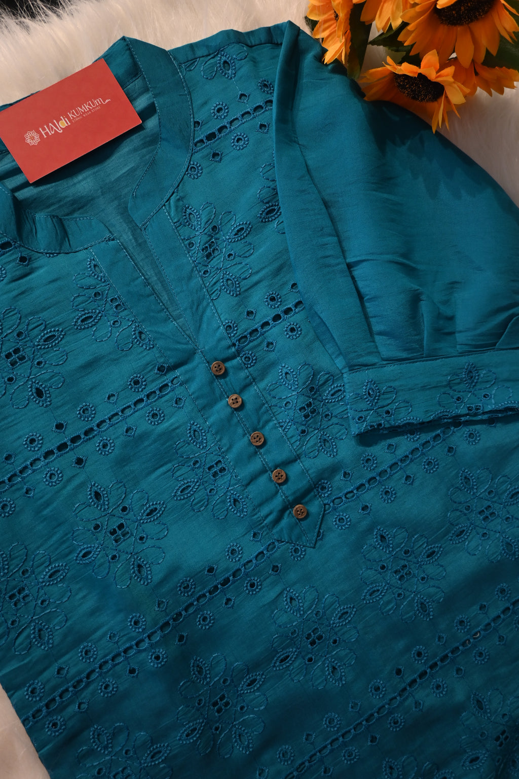 Teal Blue Embroidered Co-Ord Set for Women | Elegant Cotton Kurta Pant Set