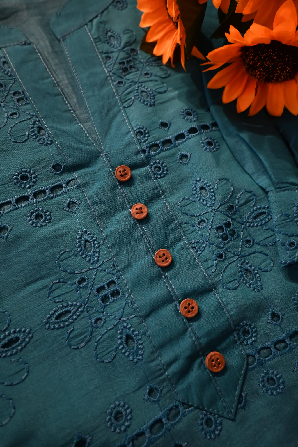 Teal Blue Embroidered Co-Ord Set for Women | Elegant Cotton Kurta Pant Set