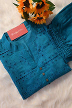 Teal Blue Embroidered Co-Ord Set for Women | Elegant Cotton Kurta Pant Set