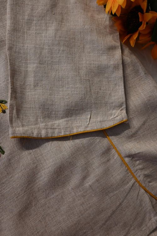Beige Khadi Cotton Co-Ord Set for Women | Hand Embroidered Kurta Pant Set
