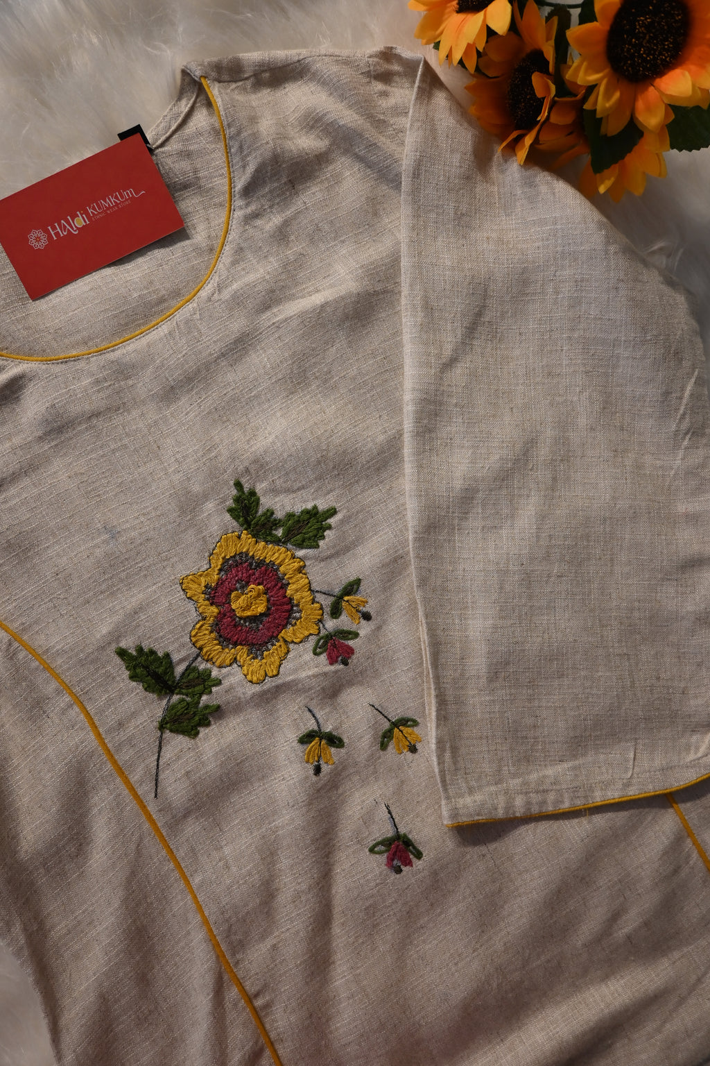 Beige Khadi Cotton Co-Ord Set for Women | Hand Embroidered Kurta Pant Set